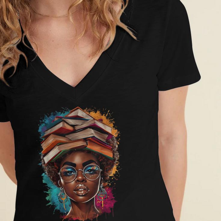 Melanin Girl Afro Book Lover Librarian Teacher Student Women's Jersey Short Sleeve Deep V-Neck Tshirt