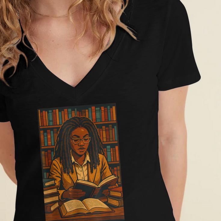 Melanin Girl Locs Book Lover Librarian Teacher Student Women's Jersey Short Sleeve Deep V-Neck Tshirt