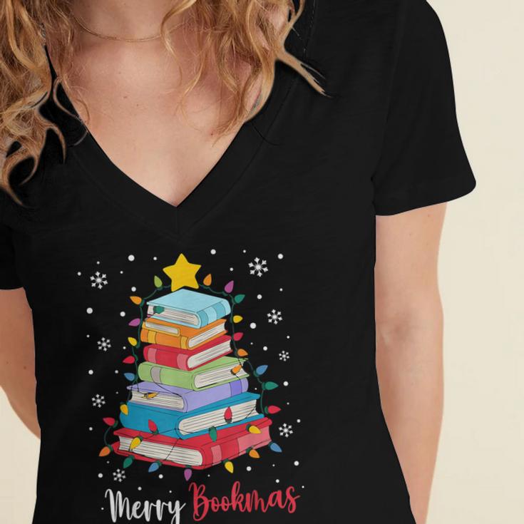Merry Bookmas Book Christmas Tree Lights Xmas Men Women Kids Women's Jersey Short Sleeve Deep V-Neck Tshirt Merry Bookmas Book Christmas Tree Lights Xmas Men Women Kids Women's Jersey Short Sleeve Deep V-Neck Tshirt