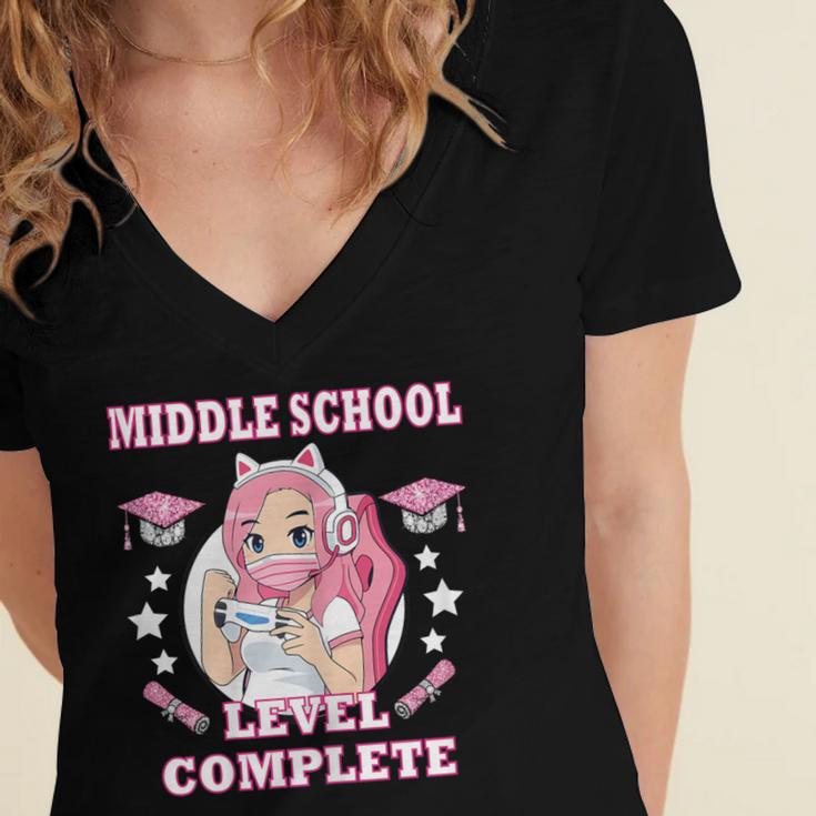 Middle School Level Complete Gaming Graduation Anime Girl Women's Jersey Short Sleeve Deep V-Neck Tshirt