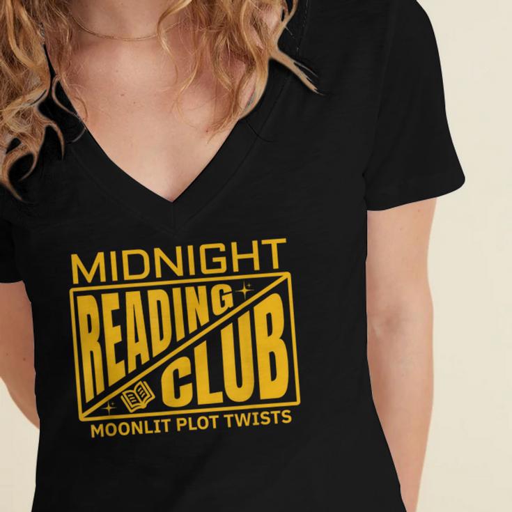 Midnight Reading Club Night Owl Book Readers Women's Jersey Short Sleeve Deep V-Neck Tshirt