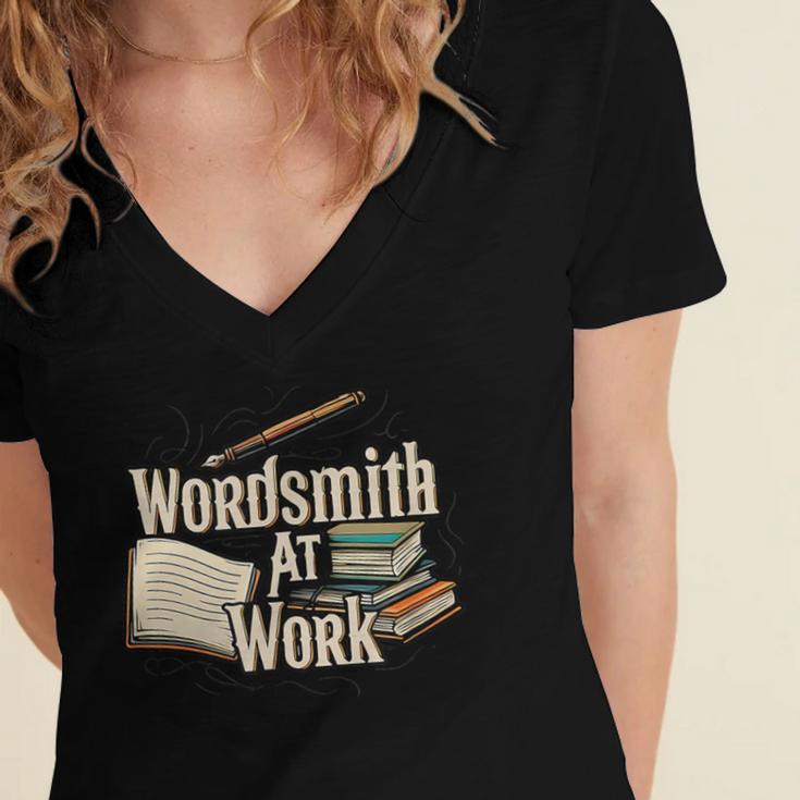 Wordsmith At Work Vintage Writer & Author Pen Book Lover Women's Jersey Short Sleeve Deep V-Neck Tshirt