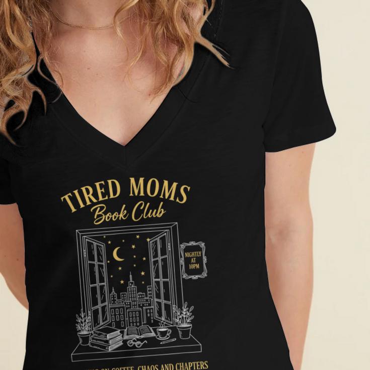 Mom Book Club Tired Moms Book Club Running On Coffee Cha0 Women's Jersey Short Sleeve Deep V-Neck Tshirt