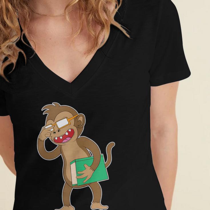 Monkey With a Book Women's Jersey Short Sleeve Deep V-Neck Tshirt
