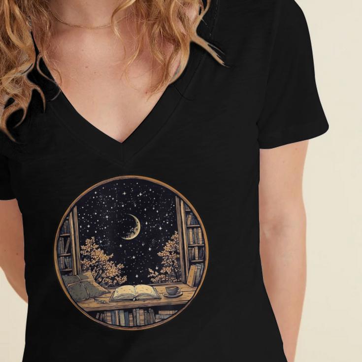 Moon Book Bookshelf Library Coffee Cup Star Stars Pattern Women's Jersey Short Sleeve Deep V-Neck Tshirt Moon Book Bookshelf Library Coffee Cup Star Stars Pattern Women's Jersey Short Sleeve Deep V-Neck Tshirt