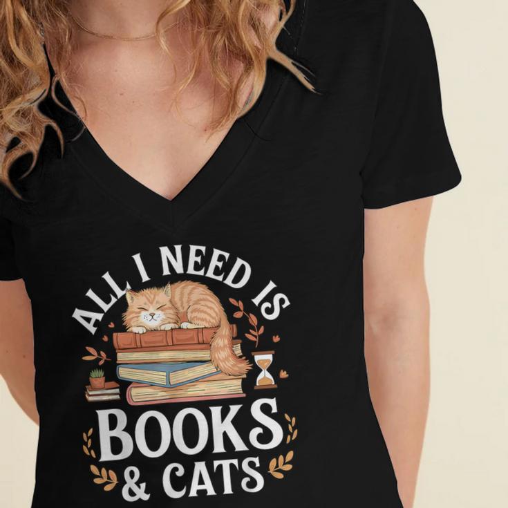 All I Need Is Books And Cats Reading Women's Jersey Short Sleeve Deep V-Neck Tshirt All I Need Is Books And Cats Reading Women's Jersey Short Sleeve Deep V-Neck Tshirt