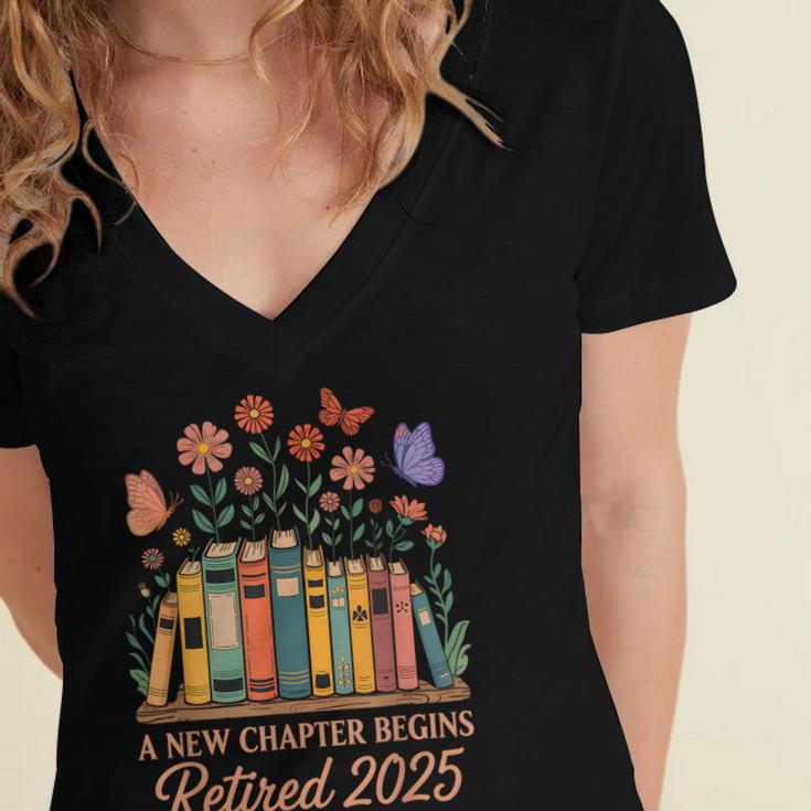 A New Chapter Begins Retired 2025 Books Flowers Women's Jersey Short Sleeve Deep V-Neck Tshirt A New Chapter Begins Retired 2025 Books Flowers Women's Jersey Short Sleeve Deep V-Neck Tshirt