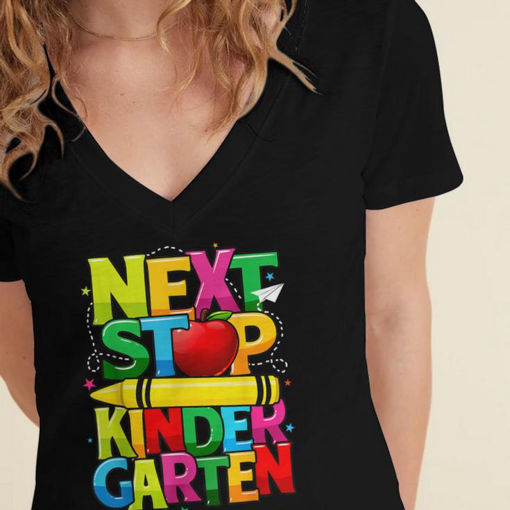 Next Stop Kindergarten Preschool Graduation 2023 Boys Girls Women's Jersey Short Sleeve Deep V-Neck Tshirt