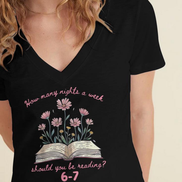 How Many Nights Reading 67 Meme Floral Book Lover Teacher Women's Jersey Short Sleeve Deep V-Neck Tshirt