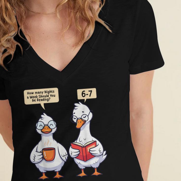 How Many Nights Reading Goose Book Lover Reader Women's Jersey Short Sleeve Deep V-Neck Tshirt