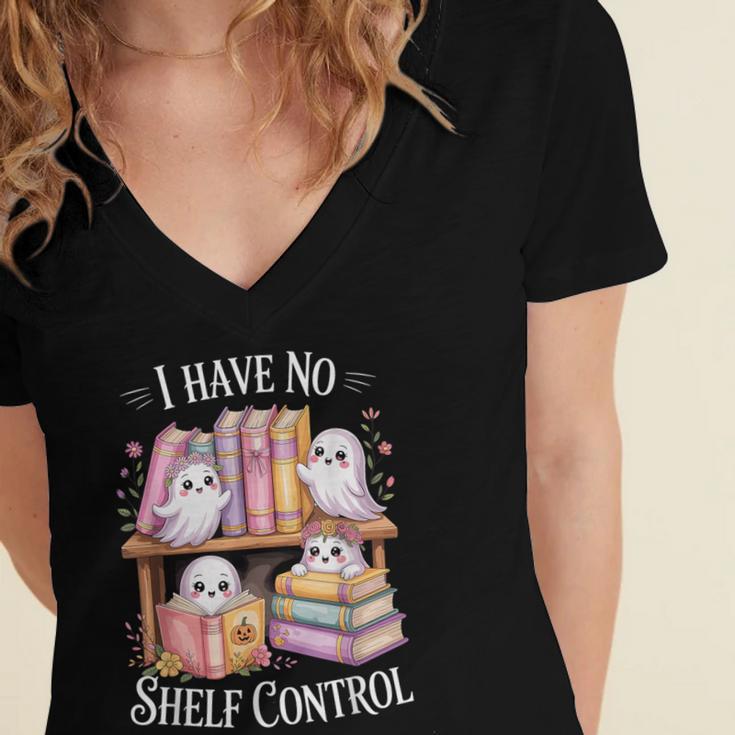 I Have No Shelf Control Ghost Reading Books Pun Women's Jersey Short Sleeve Deep V-Neck Tshirt