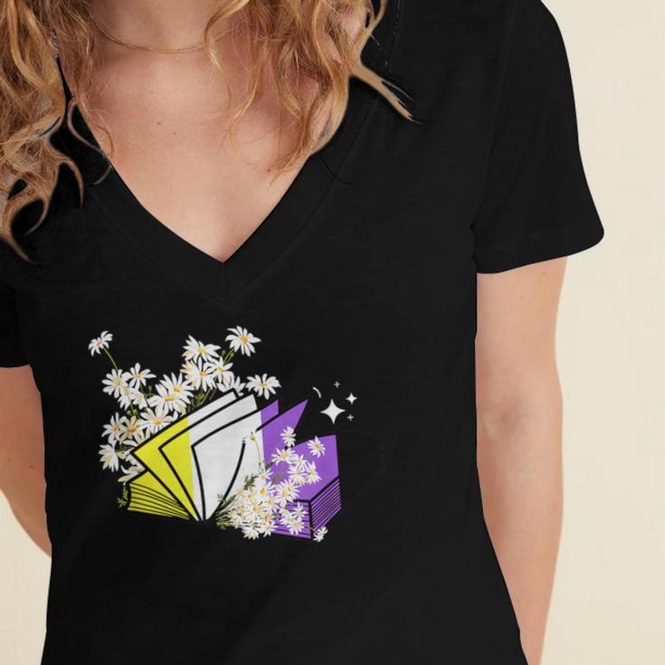 Non-Binary Book Lover Nonbinary Daisy LGBT Reading Pride Women's Jersey Short Sleeve Deep V-Neck Tshirt