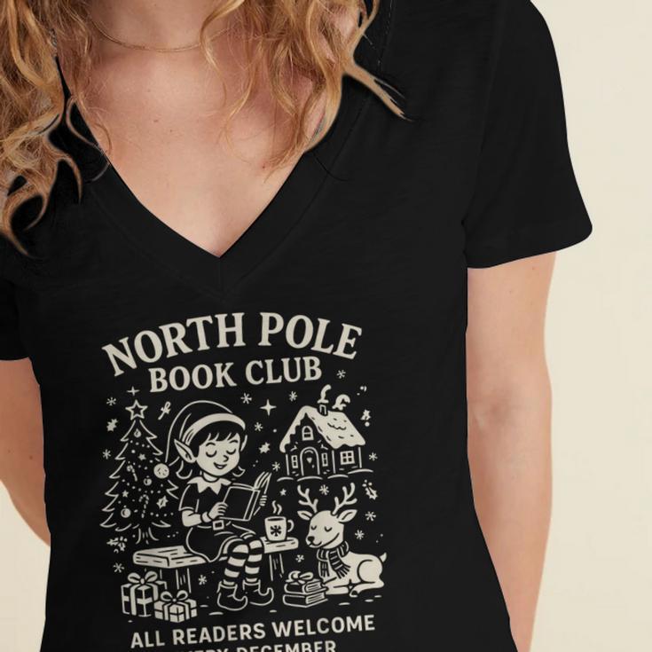 North Pole Book Club Christmas Elf Bookish Retro Graphic Women's Jersey Short Sleeve Deep V-Neck Tshirt North Pole Book Club Christmas Elf Bookish Retro Graphic Women's Jersey Short Sleeve Deep V-Neck Tshirt