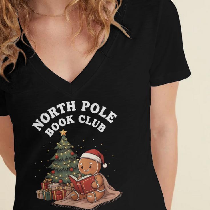 North Pole Book Club Gingerbread Christmas Reading Women's Jersey Short Sleeve Deep V-Neck Tshirt North Pole Book Club Gingerbread Christmas Reading Women's Jersey Short Sleeve Deep V-Neck Tshirt