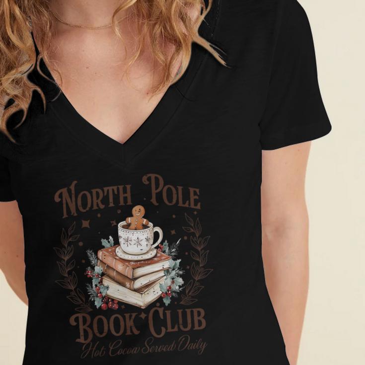 North Pole Book Club Hot Cocoa Served Daily Librarian Xmas Women's Jersey Short Sleeve Deep V-Neck Tshirt