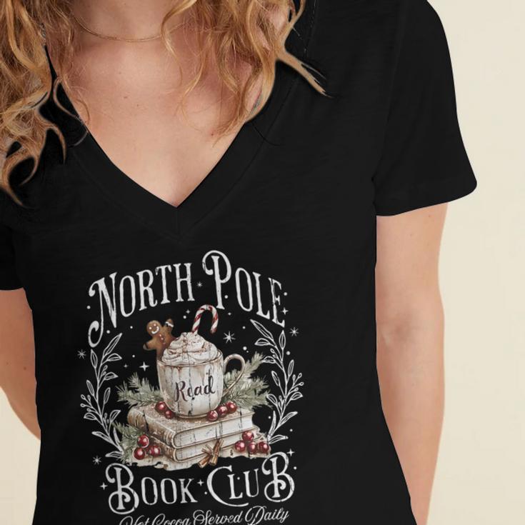 North Pole Book Club Hot Cocoa Served Daily Women's Jersey Short Sleeve Deep V-Neck Tshirt