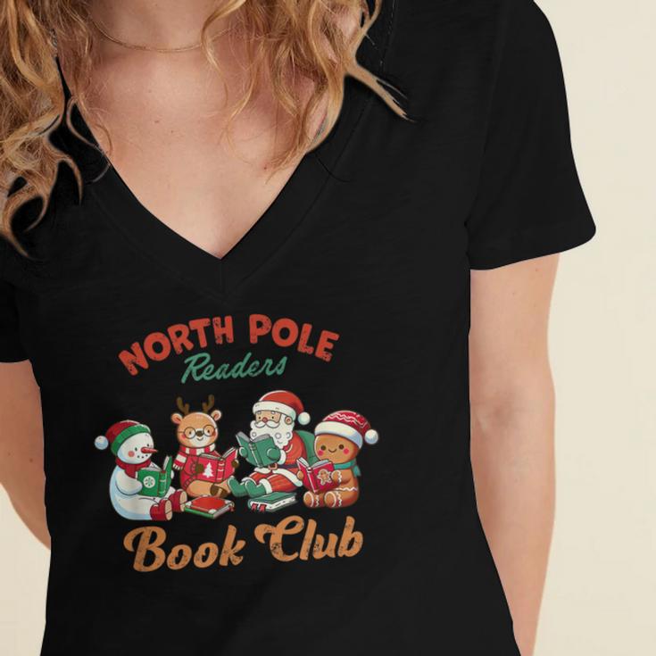 North Pole Readers Book Club Reading Book Christmas Women's Jersey Short Sleeve Deep V-Neck Tshirt
