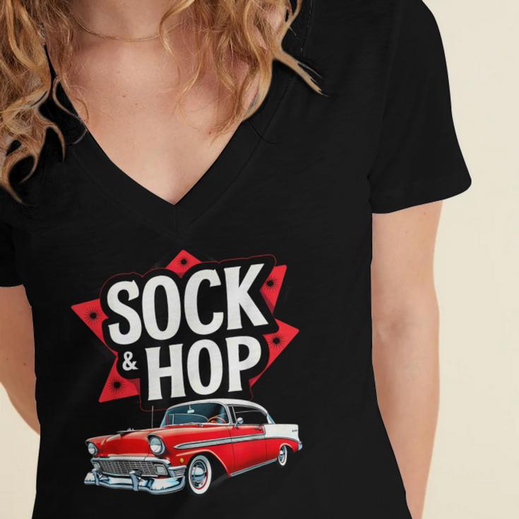 Nostalgia 1950s Sock Hop Dance Women's Jersey Short Sleeve Deep V-Neck Tshirt