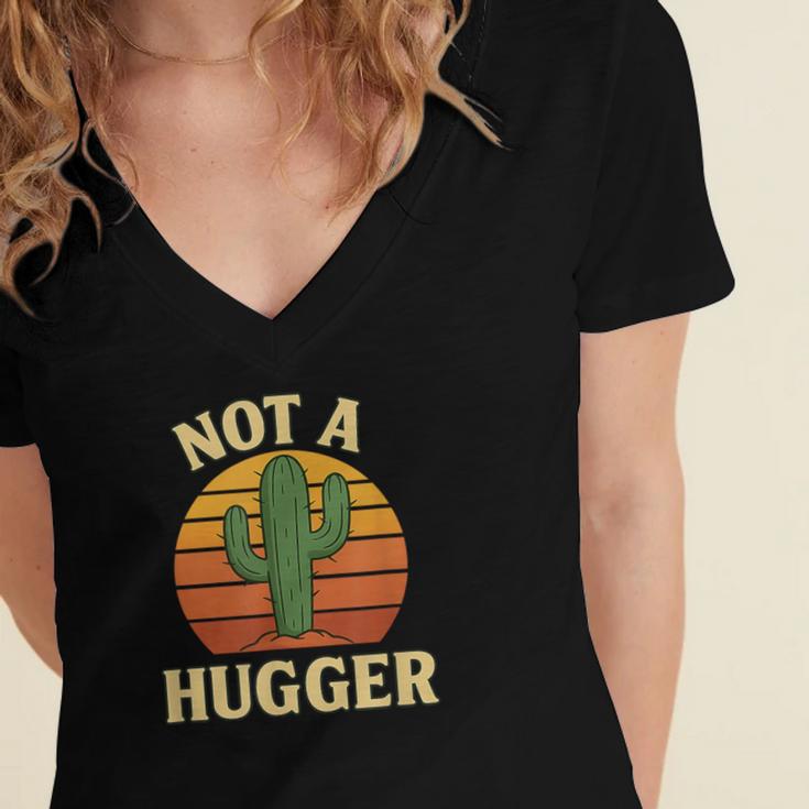 Not A Hugger Cactus Retro Sunset No Hugging Introvert Women's Jersey Short Sleeve Deep V-Neck Tshirt