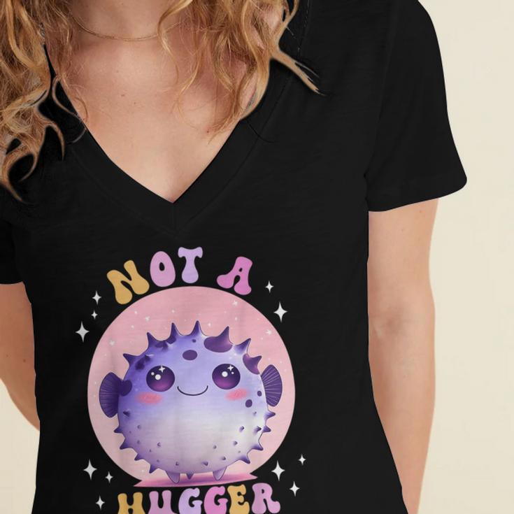 Not a Hugger Cute Pufferfish Autism Awareness Introverts Women's Jersey Short Sleeve Deep V-Neck Tshirt