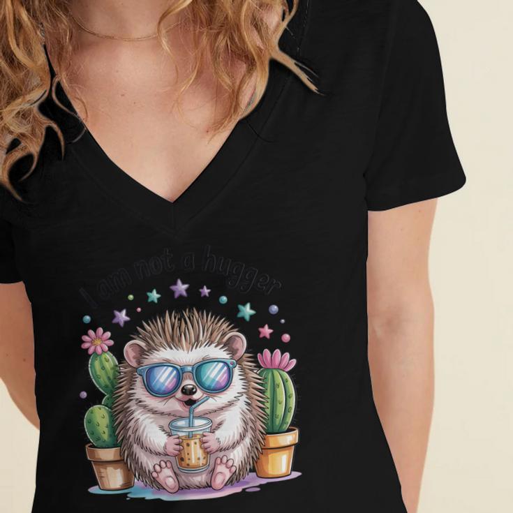 I Am Not a Hugger Introvert Hedgehog With Cactus Women's Jersey Short Sleeve Deep V-Neck Tshirt