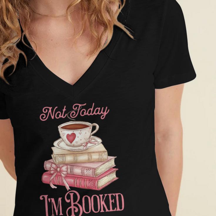 Not Today I'm Booked Book Lover Book Stack Coquette Bow Women's Jersey Short Sleeve Deep V-Neck Tshirt