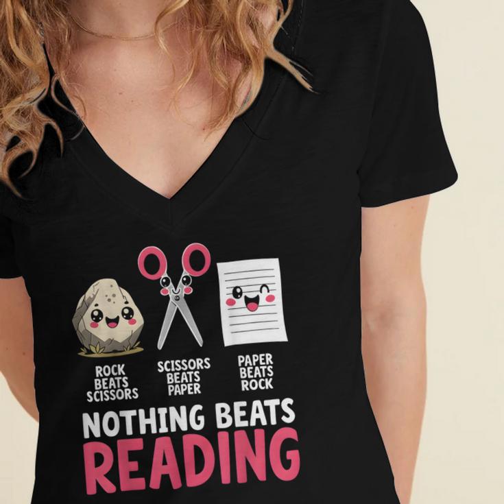 Nothing Beats Reading Rock Paper Scissors Book Lover Library Women's Jersey Short Sleeve Deep V-Neck Tshirt