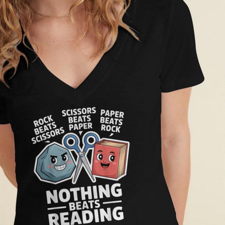 Nothing Beats Reading Rock Paper Scissors Book Lover Women's Jersey Short Sleeve Deep V-Neck Tshirt