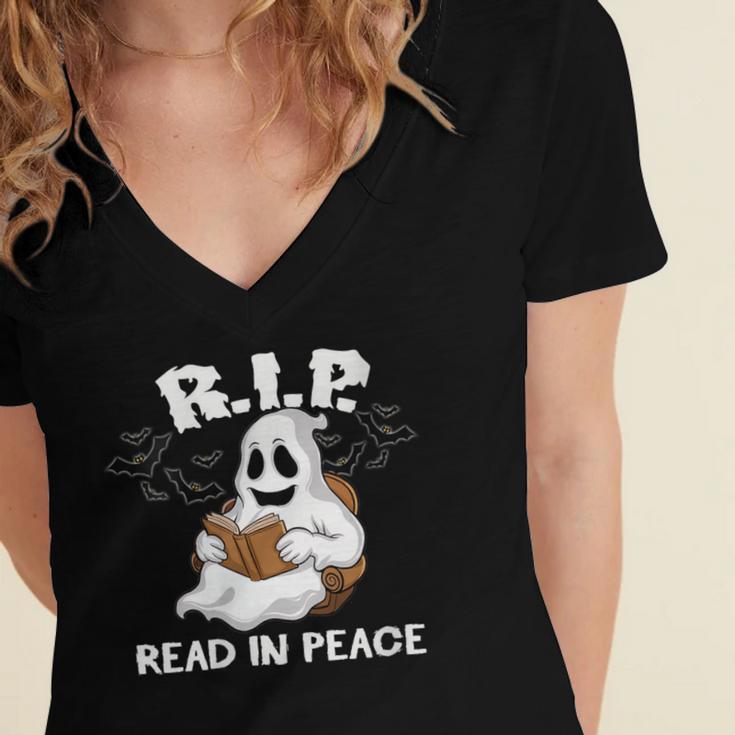 October Reading And Library Awareness Books And Boos Women's Jersey Short Sleeve Deep V-Neck Tshirt