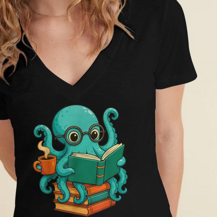 Octopus Reading Book Reading Bookworm Reader Women's Jersey Short Sleeve Deep V-Neck Tshirt Octopus Reading Book Reading Bookworm Reader Women's Jersey Short Sleeve Deep V-Neck Tshirt