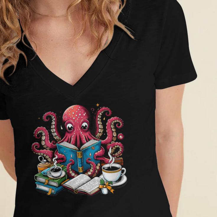 Octopus Reading Book Coffee Lover Bookaholic Bookworm Reader Women's Jersey Short Sleeve Deep V-Neck Tshirt