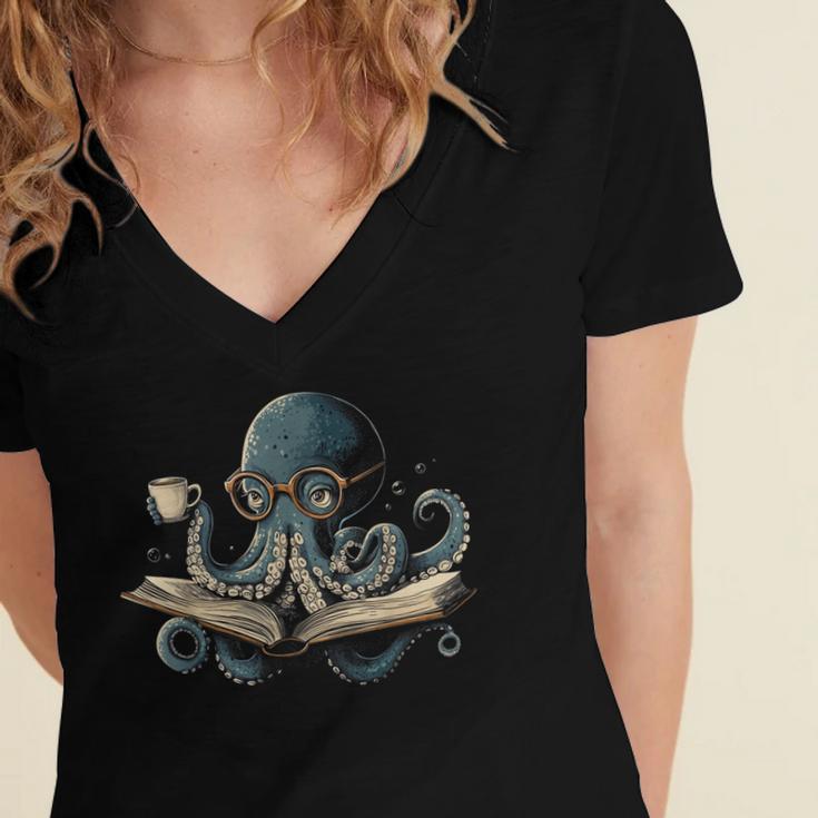 Octopus Reading Book Coffee Book Lover Bookworm Nerd Women's Jersey Short Sleeve Deep V-Neck Tshirt
