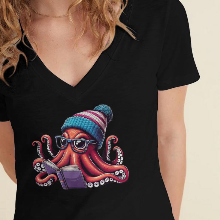 Octopus Reading Book Kraken Book Lover Women's Jersey Short Sleeve Deep V-Neck Tshirt