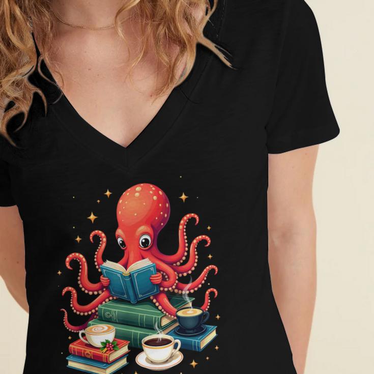 Octopus Reading Books Tea Coffee Women's Jersey Short Sleeve Deep V-Neck Tshirt
