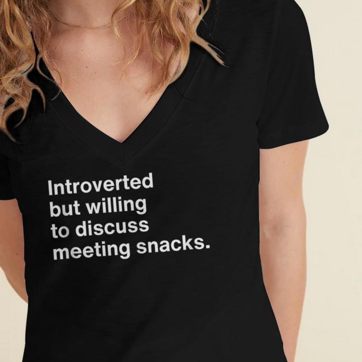 Office Humor Introverted Coworker Meeting Snack Foods Women's Jersey Short Sleeve Deep V-Neck Tshirt