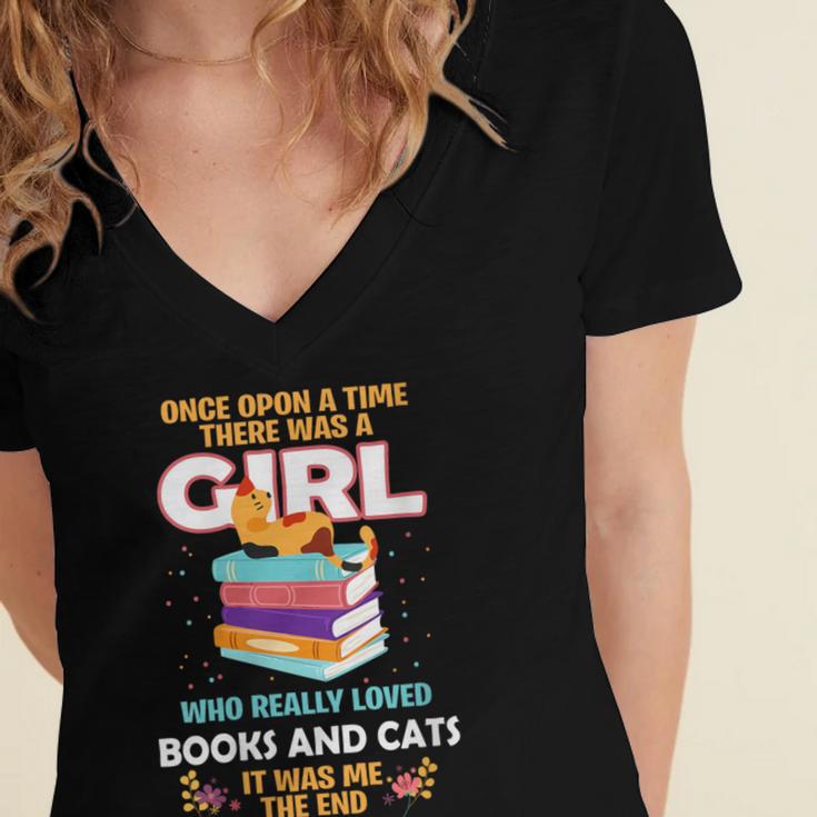 Once Upon A Time There Was A Girl Who Loves Books And Cats Women's Jersey Short Sleeve Deep V-Neck Tshirt