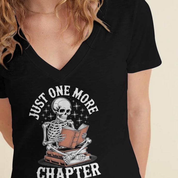 One More Chapter Skeleton Reading Books Lovers Readers Women's Jersey Short Sleeve Deep V-Neck Tshirt One More Chapter Skeleton Reading Books Lovers Readers Women's Jersey Short Sleeve Deep V-Neck Tshirt