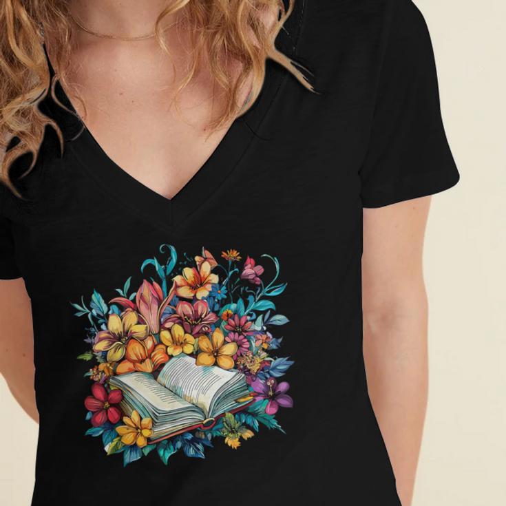 Open Book With Colorful Floral Reading Magic Women's Jersey Short Sleeve Deep V-Neck Tshirt Open Book With Colorful Floral Reading Magic Women's Jersey Short Sleeve Deep V-Neck Tshirt