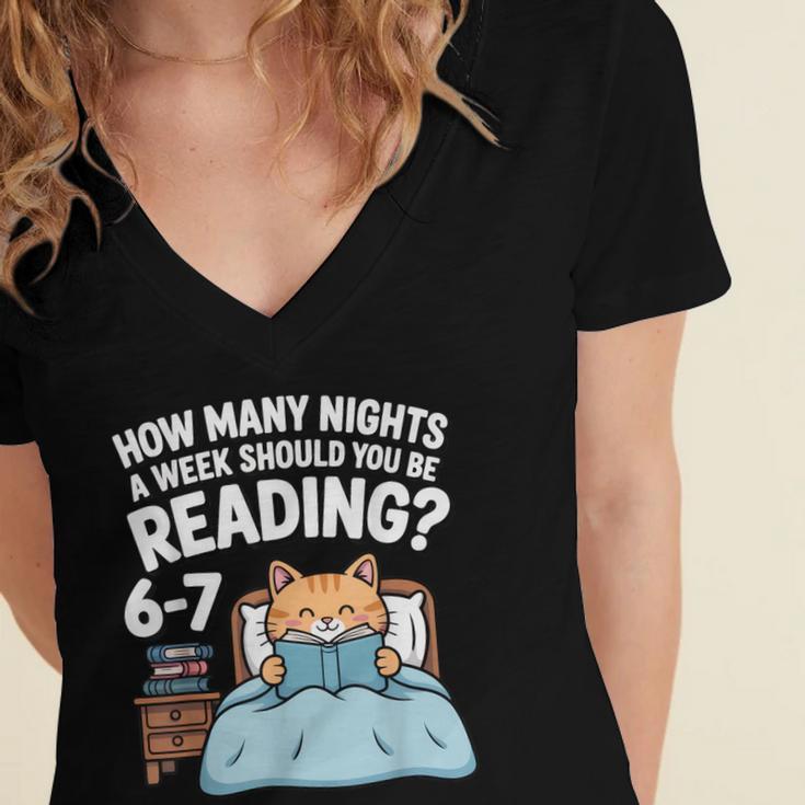 Orange Cat Reading Book 67 Six Seven Meme Women's Jersey Short Sleeve Deep V-Neck Tshirt