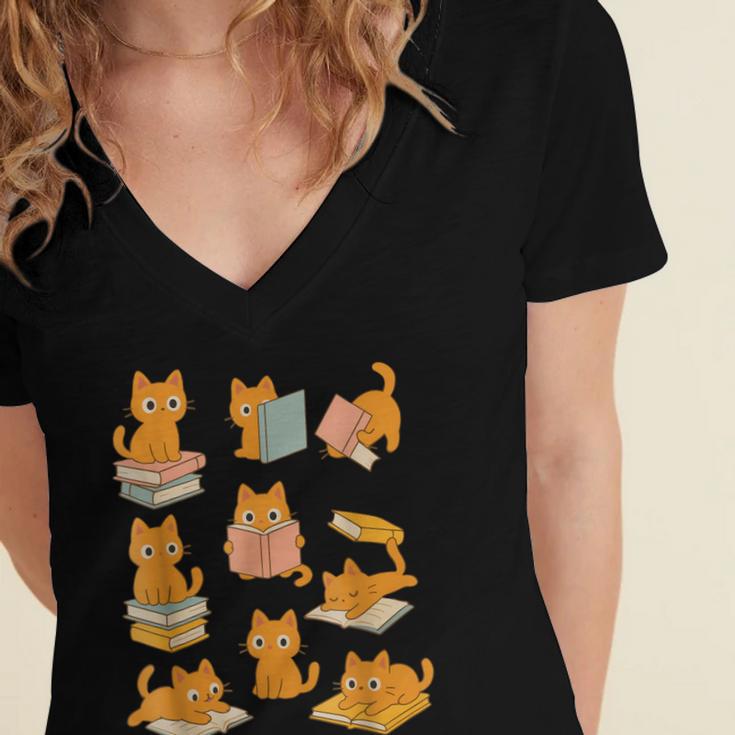 Orange Cats Reading Books Cat Lover Women's Jersey Short Sleeve Deep V-Neck Tshirt