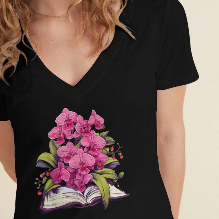 Orchids Flowers Book Floral Women's Jersey Short Sleeve Deep V-Neck Tshirt