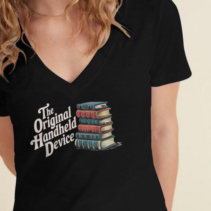 The Original Handheld Device Book Fair Book Lover Women's Jersey Short Sleeve Deep V-Neck Tshirt The Original Handheld Device Book Fair Book Lover Women's Jersey Short Sleeve Deep V-Neck Tshirt