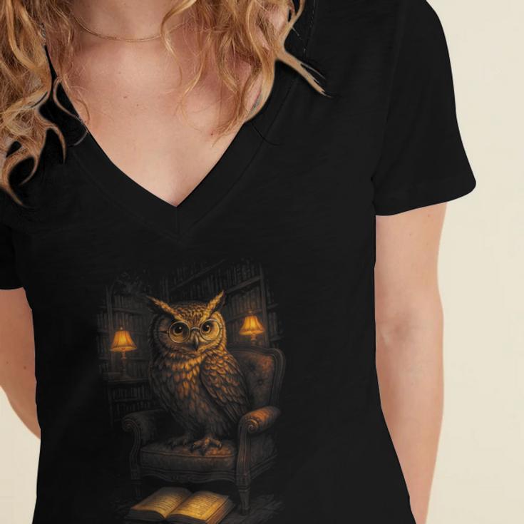 Owl Library Books Wisdom Reading Vintage Scholar Women's Jersey Short Sleeve Deep V-Neck Tshirt