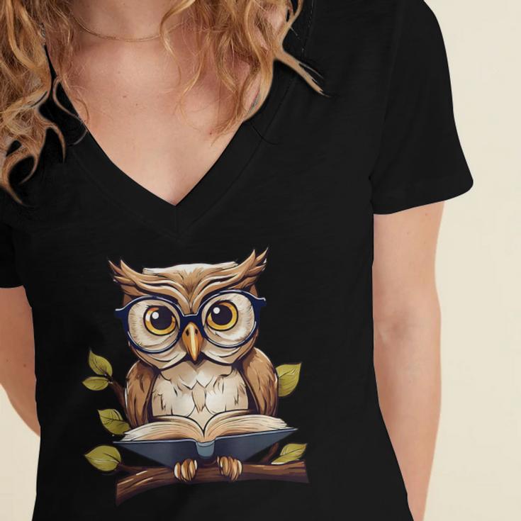 Owl Reading A Book Perched On A Branch Bookworm Women's Jersey Short Sleeve Deep V-Neck Tshirt