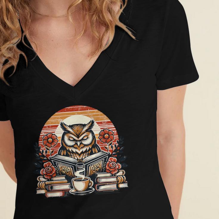Owl Reading Books Book Library Bookworm Women's Jersey Short Sleeve Deep V-Neck Tshirt