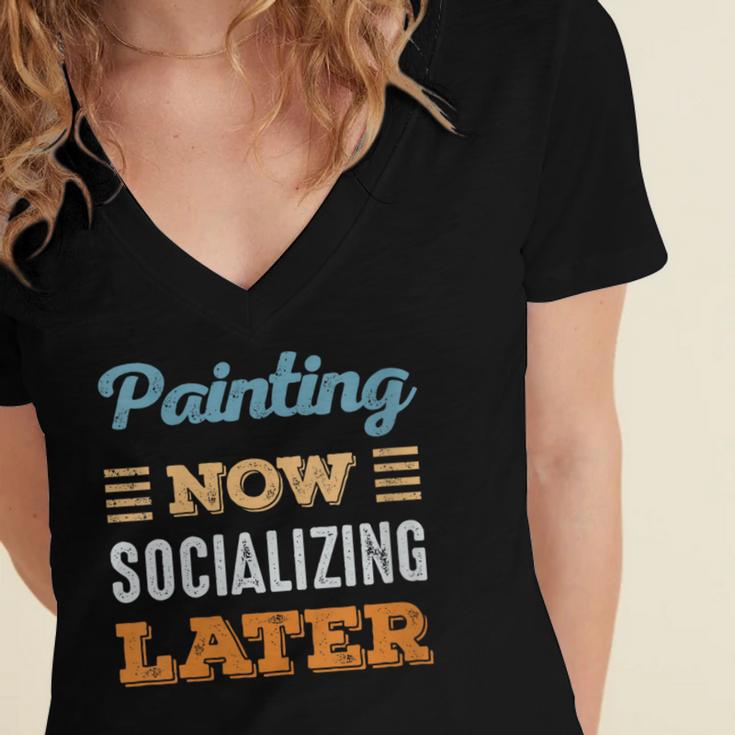 Painting Now Minimal Socializing Introvert Vintage Women's Jersey Short Sleeve Deep V-Neck Tshirt