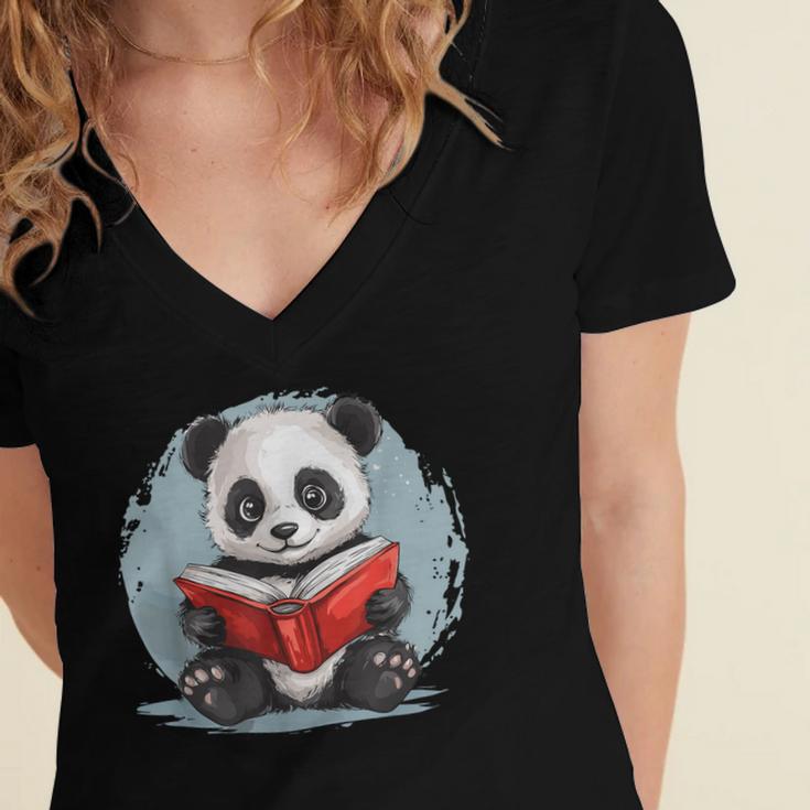 Panda With Book For Reading Enthusiasts Women's Jersey Short Sleeve Deep V-Neck Tshirt