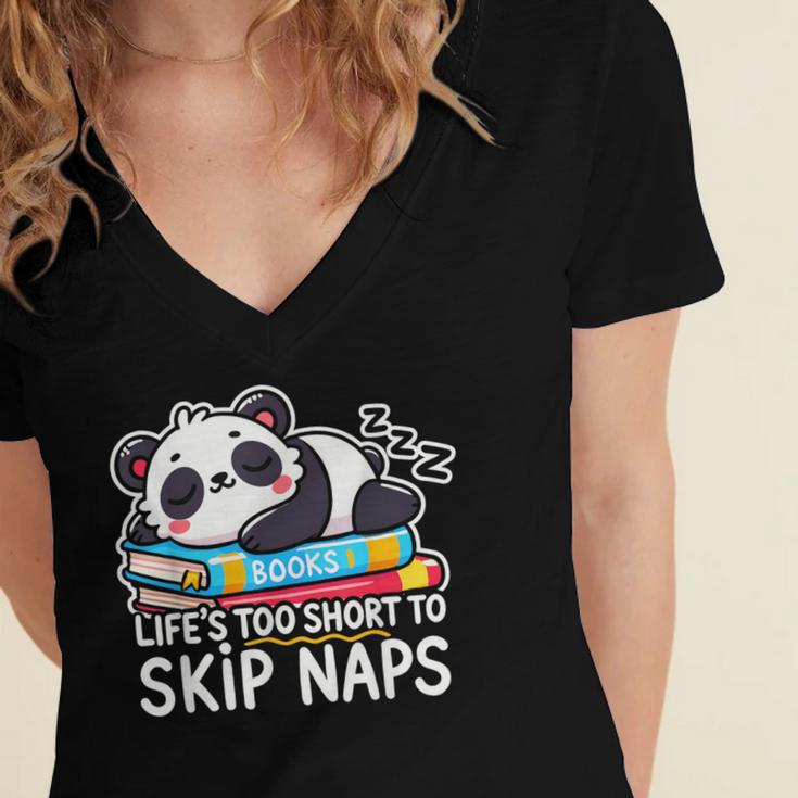 Panda Napping On Books Life’s Too Short To Skip Naps Women's Jersey Short Sleeve Deep V-Neck Tshirt
