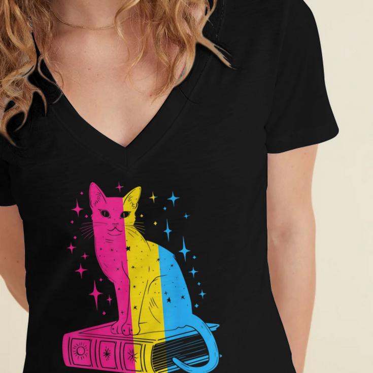 Pansexual Pride Celestial Cat Sitting Book LGBTQ Pan Colors Men Women Women's Jersey Short Sleeve Deep V-Neck Tshirt