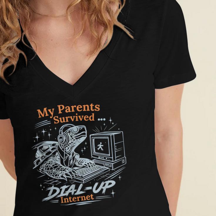 My Parents Survived Dial Up Internet Nostalgia Turtle Women's Jersey Short Sleeve Deep V-Neck Tshirt